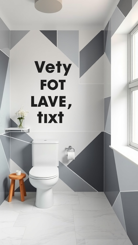 Modern bathroom featuring geometric wall stickers in gray and white with bold text.