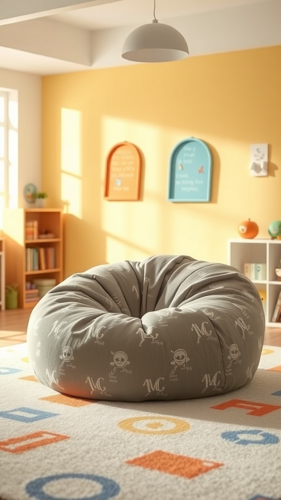 A giant bean bag in a reading nook for kids, complementing a bright yellow wall and colorful decor.