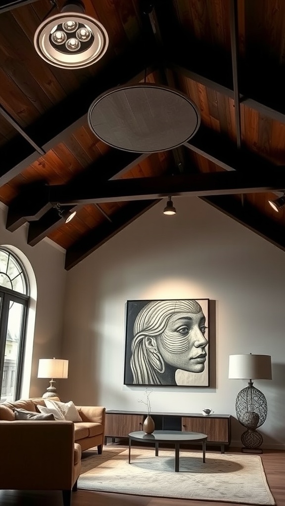 Living room with sloped ceiling featuring gimbal recessed lighting and artwork