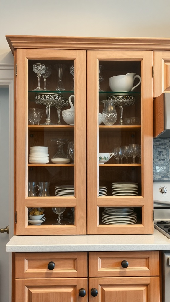 A kitchen cabinet with glass doors displaying various dishes and glassware.