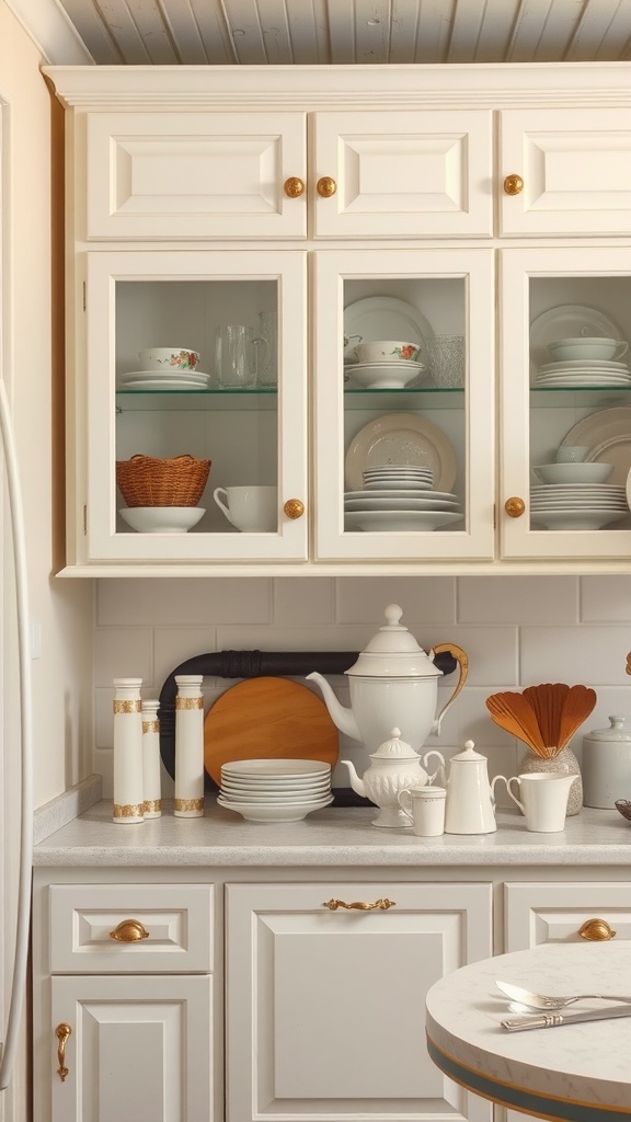 White farmhouse kitchen cabinets with glass doors displaying dishware and decor