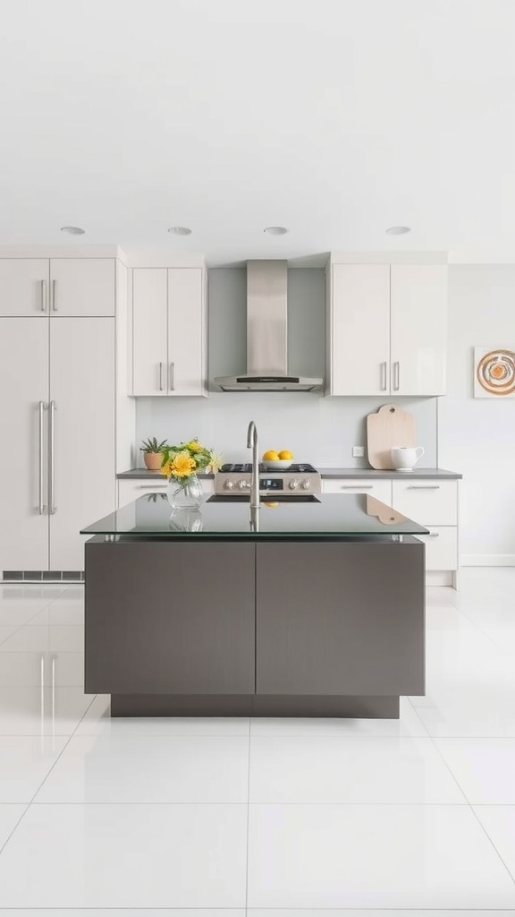 Modern kitchen with a glass-top island and dark base.