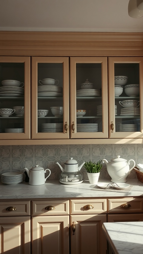 A kitchen with glass fronted cabinets displaying elegant dishware and a clean countertop