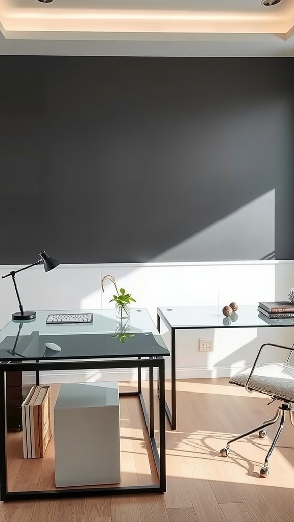 Two modern glass desks in a small home office setup with natural light.