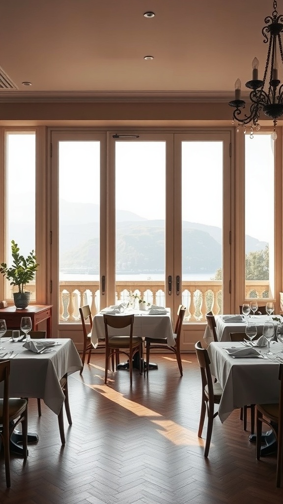 Luxurious Italian dining room featuring elegant tables and large glass doors that open to a scenic view.