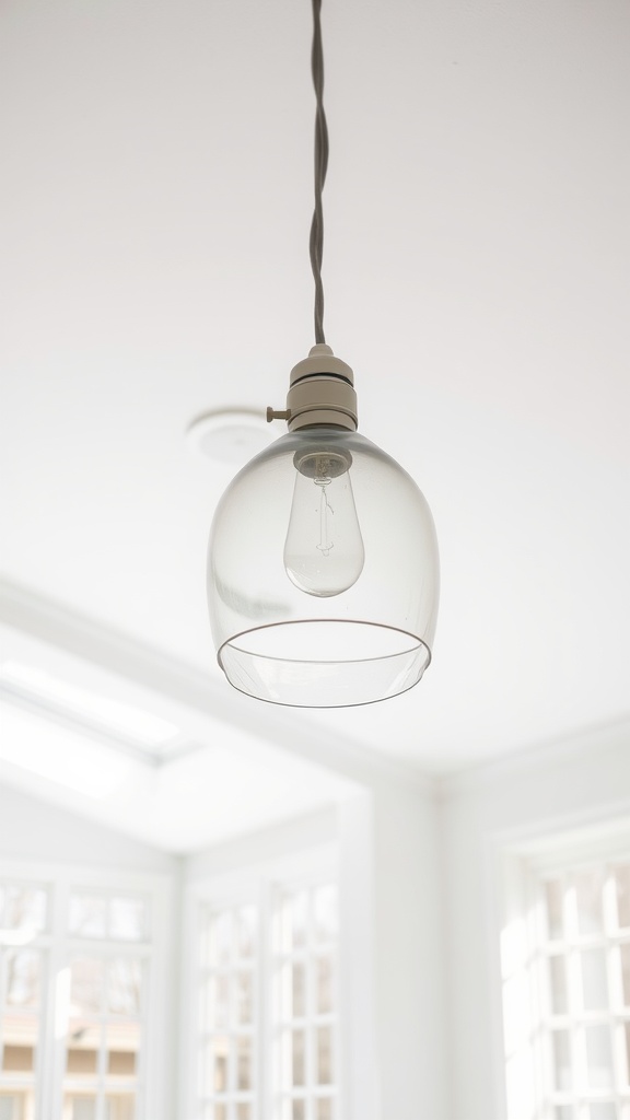 A simple glass pendant light hanging from a ceiling with a white background