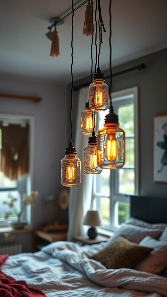 Hanging glass jar lights illuminating a cozy boho bedroom