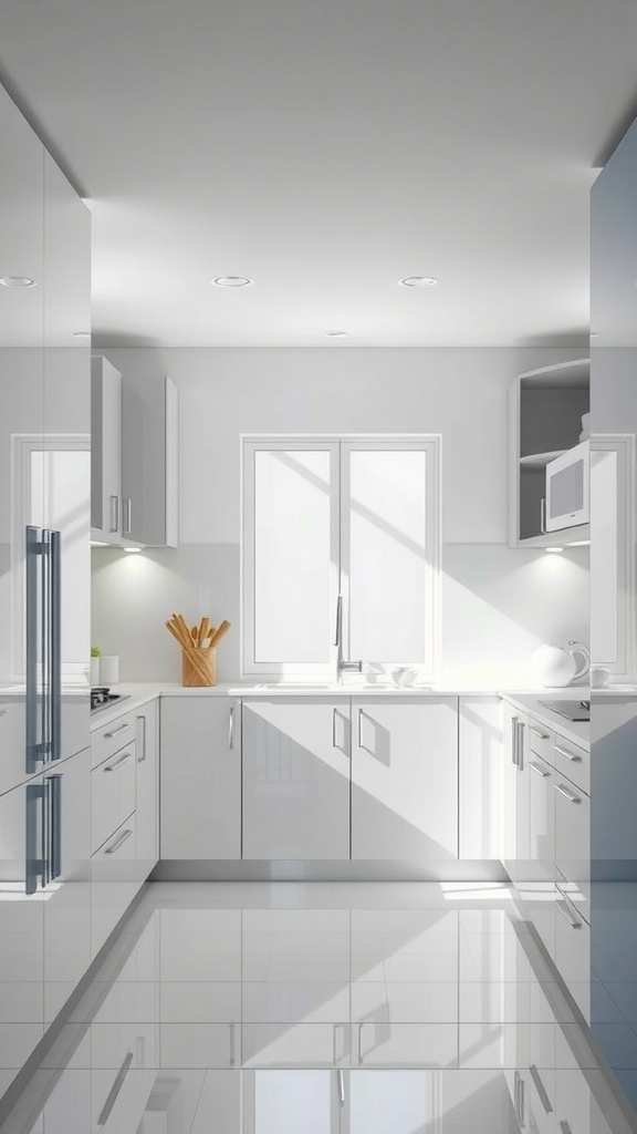 Modern kitchen with glossy finish cabinets and ample natural light