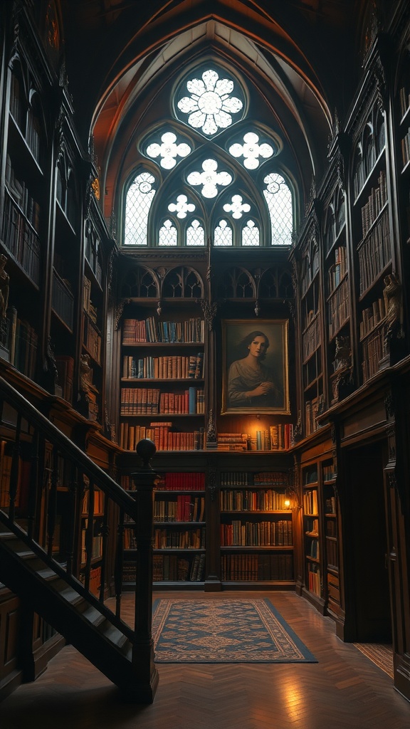 A gothic-inspired library featuring dark wood shelves filled with books, a large stained glass window, and a soft lamp illuminating the space.