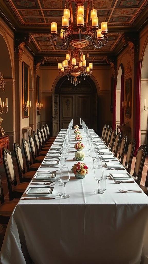 A grand dining table set with elegant tableware in a luxurious Italian dining room, featuring a chandelier and ornate decor.