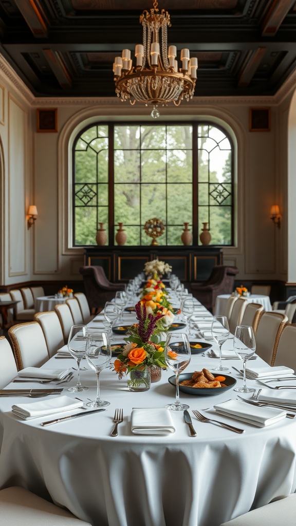 Luxurious Italian dining room with a long table set for a meal, featuring a chandelier and floral centerpiece.