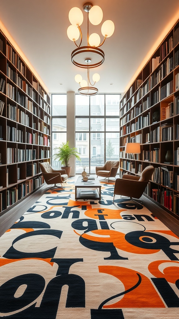 A modern library with a bold graphic print rug featuring large letters and vibrant colors, surrounded by bookshelves and cozy seating.