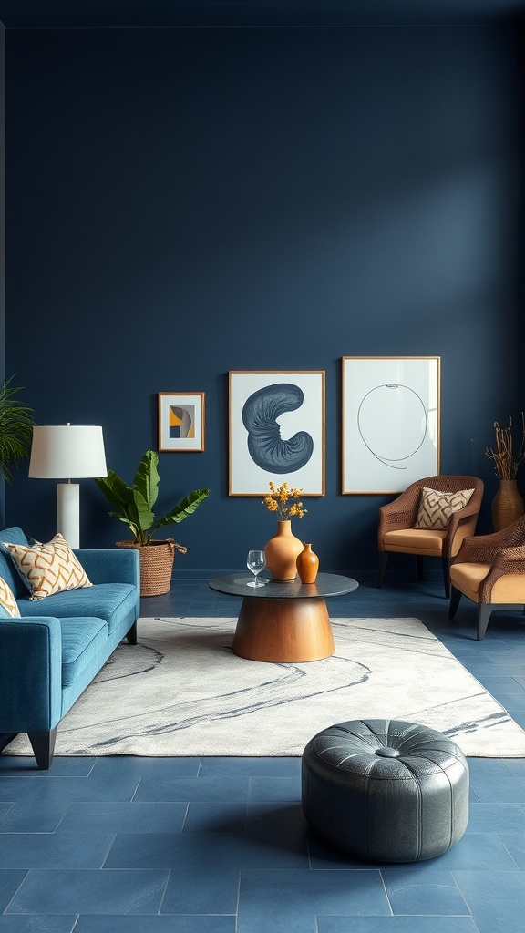 A stylish living room featuring graphite blue walls, blue sofa, warm-toned chairs, and decorative elements.