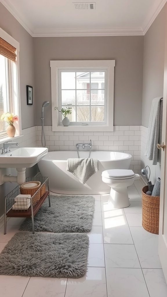 A cozy gray and white bathroom featuring plush gray accent rugs, a large soaking tub, and a bright window.