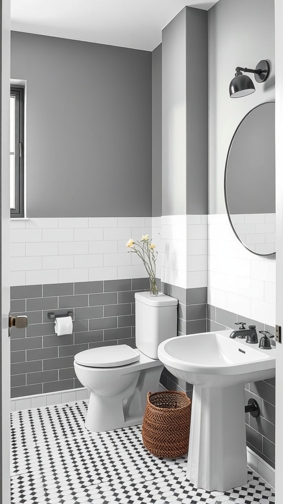 A stylish gray and white bathroom with color-blocked walls and modern fixtures.