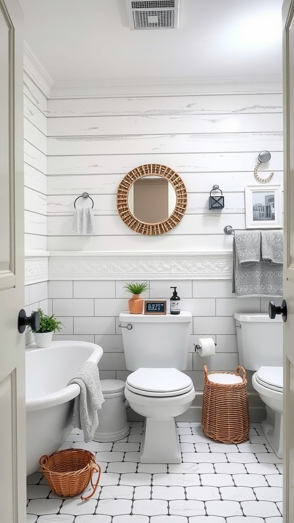 A gray and white bathroom featuring a round mirror, woven baskets, and green plants