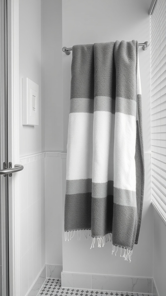 Gray and white ombre towels hanging in a bathroom