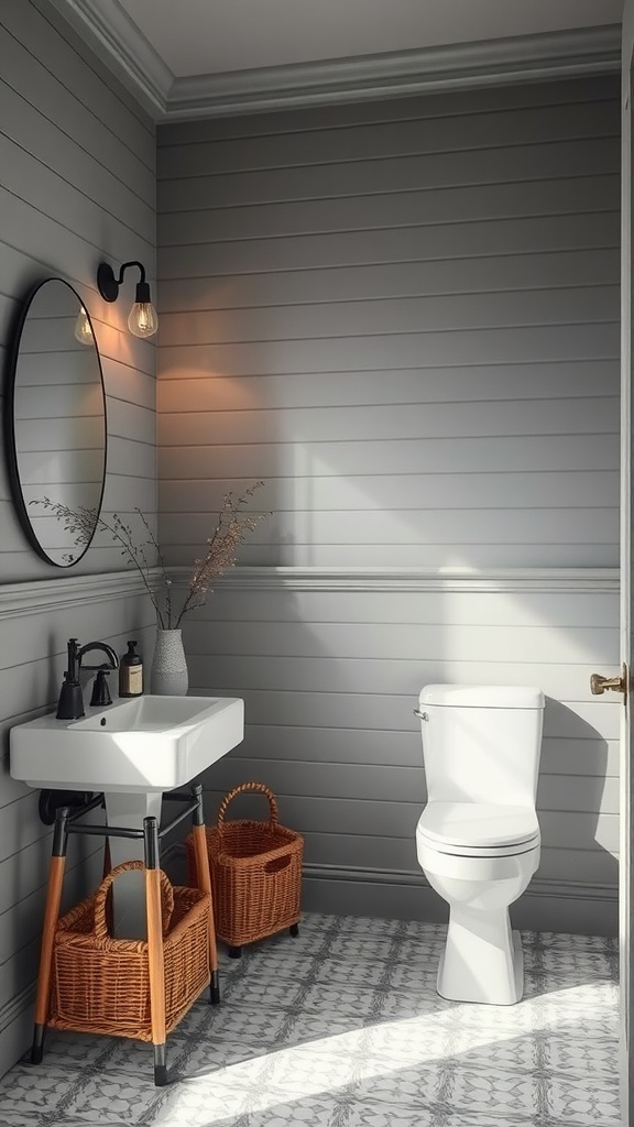 A modern gray shiplap bathroom with a stylish sink, round mirror, and woven storage baskets.