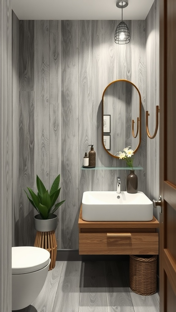 A modern gray bathroom with wood accents, featuring a floating sink and decorative plants.