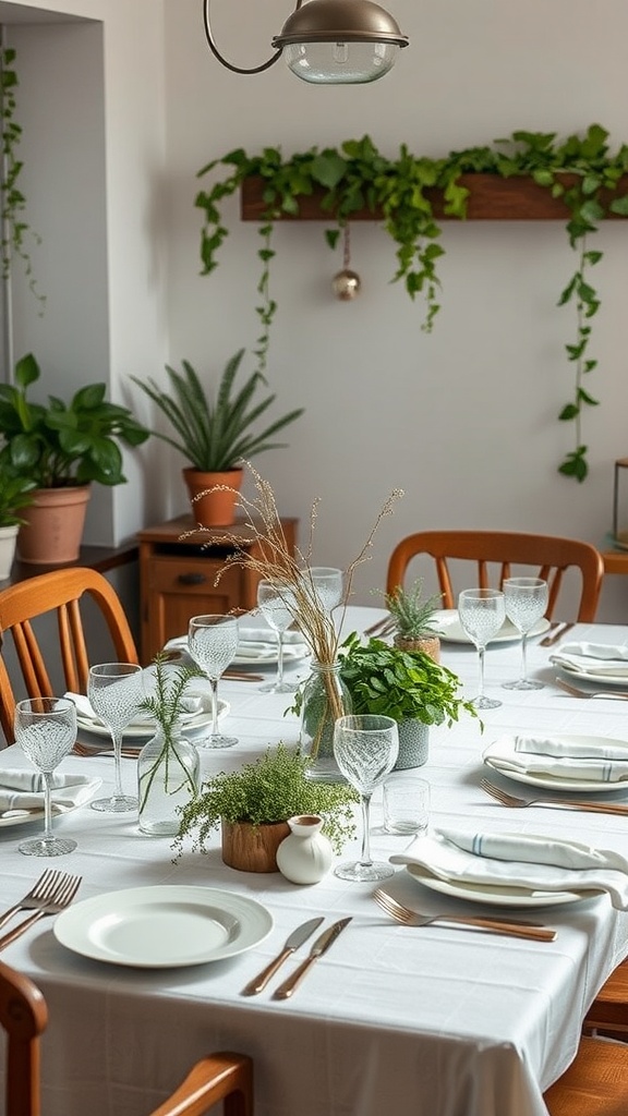 A farmhouse dining room with a table set for a meal, featuring greenery and herb centerpieces, white dishes, and elegant glassware.