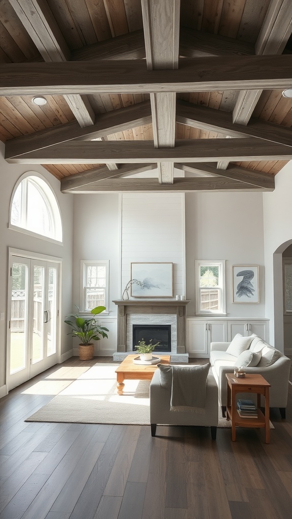 A modern farmhouse living room featuring grey-finished wooden beams, a cozy seating area, and large windows.