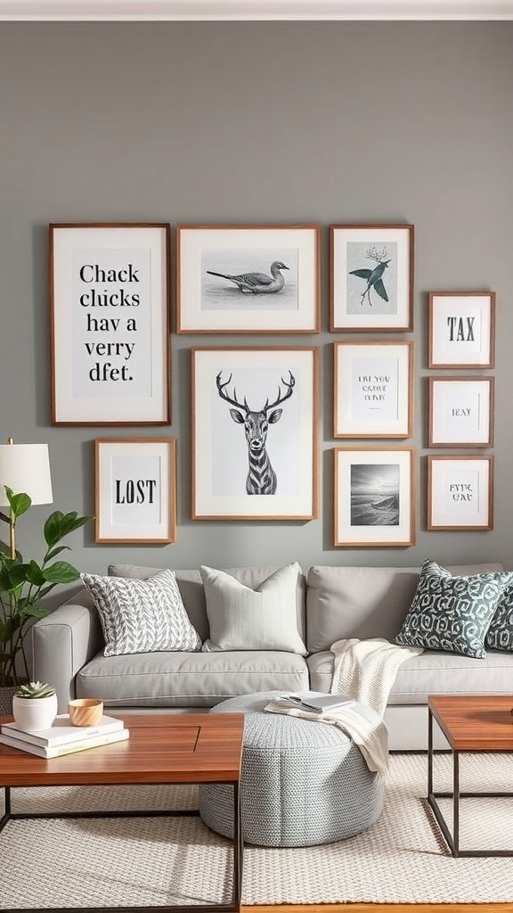 A grey-toned gallery wall with various framed artworks above a light grey couch in a modern farmhouse living room.