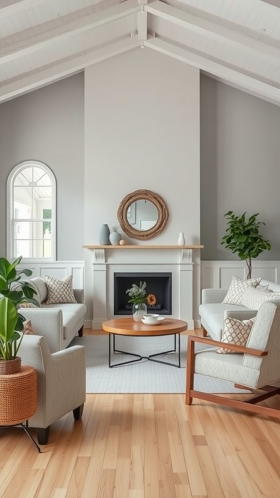 A cozy modern farmhouse living room featuring grey and beige furniture, wooden accents, and plants.