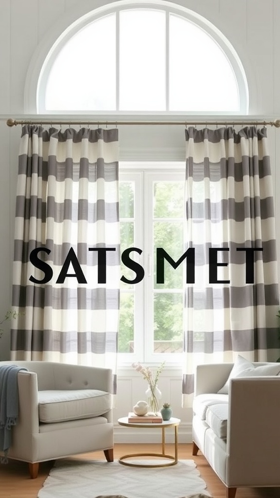 A bright living room featuring grey and white striped curtains, light furniture, and a stylish decor.