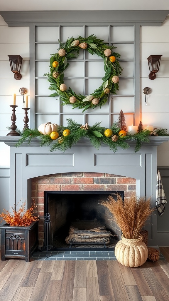 A decorated grey fireplace mantel with a natural wreath, candles, and seasonal decor.