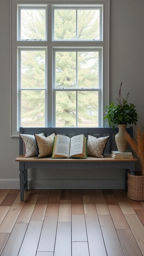 A grey farmhouse bench by a large window with decorative pillows and an open book, surrounded by a green plant.