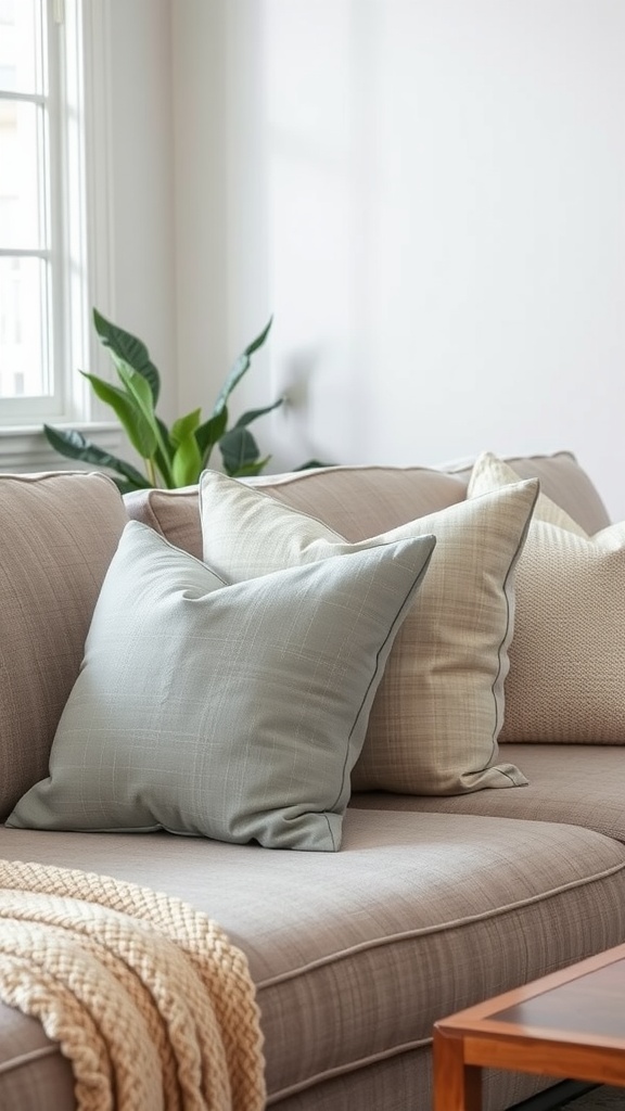 A stylish grey modern farmhouse living room with pillows on a sofa