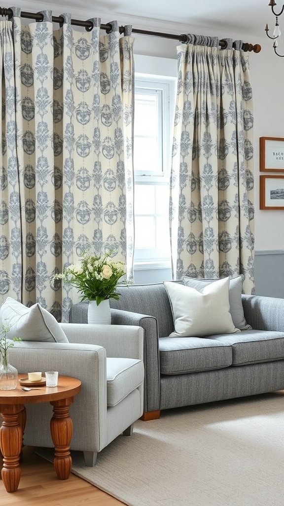Grey patterned curtains in a modern farmhouse living room with a grey sofa and a wooden coffee table