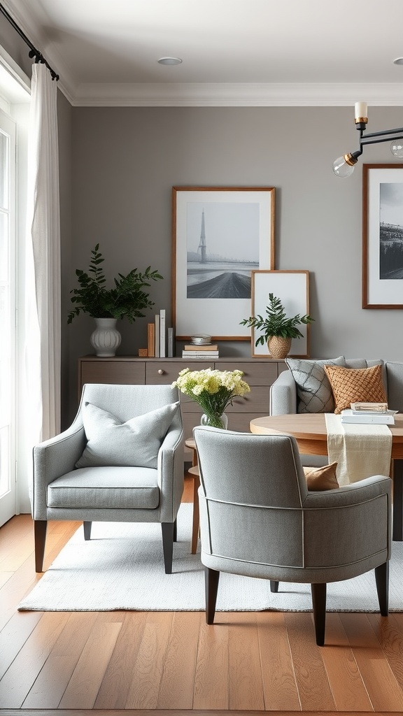 Grey upholstered chairs with white trim in a modern farmhouse living room