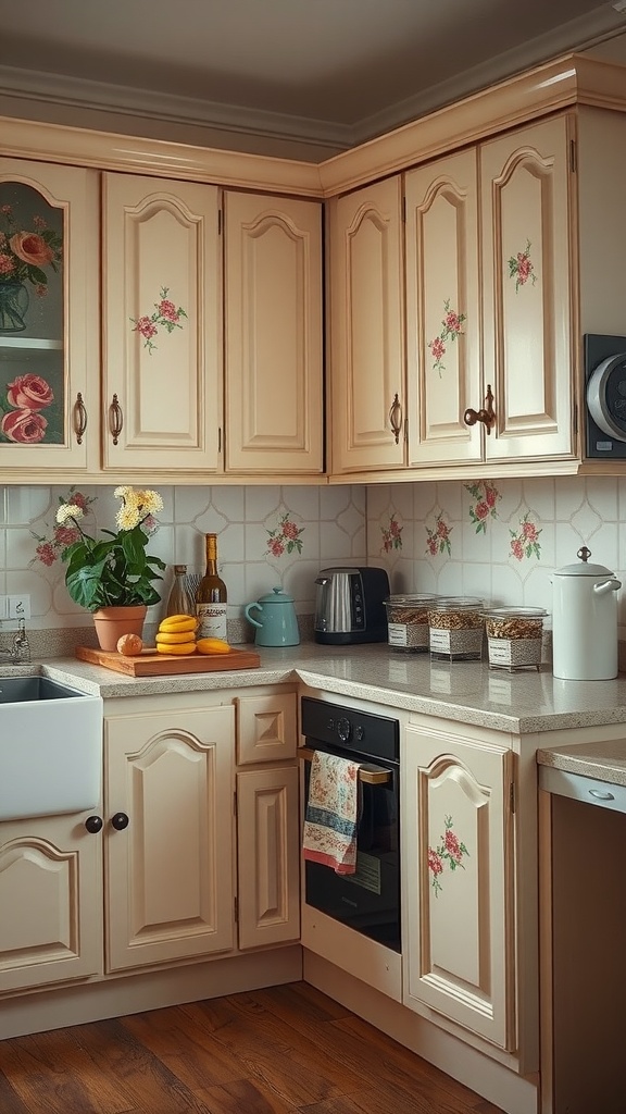 A cozy farmhouse kitchen featuring hand-painted cabinets with floral designs, a rustic sink, and wooden flooring.