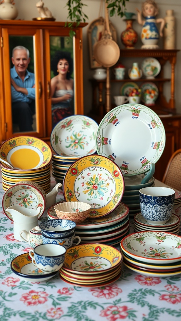 A collection of colorful hand-painted ceramic dishes stacked on a table, surrounded by a cozy cottage core dining room setting.