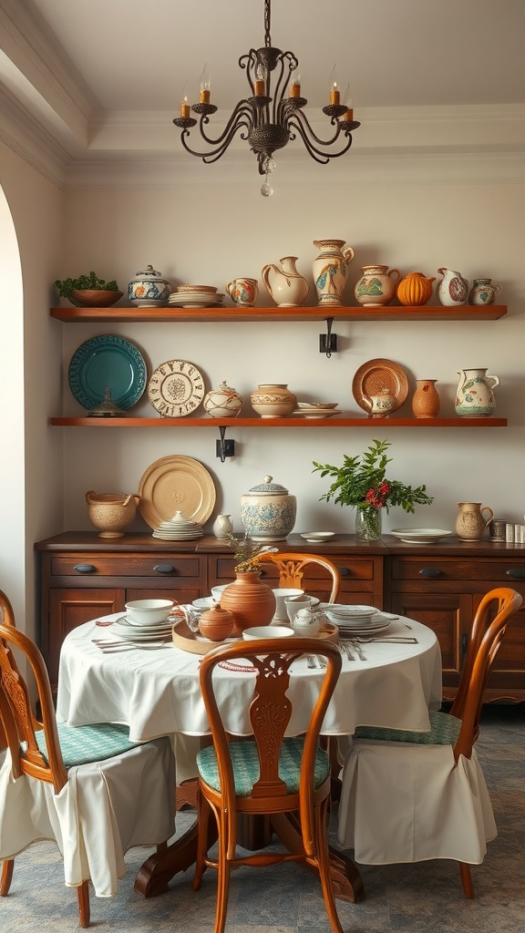 A cozy Italian dining room with handcrafted pottery displayed on shelves and a round table set for a meal.