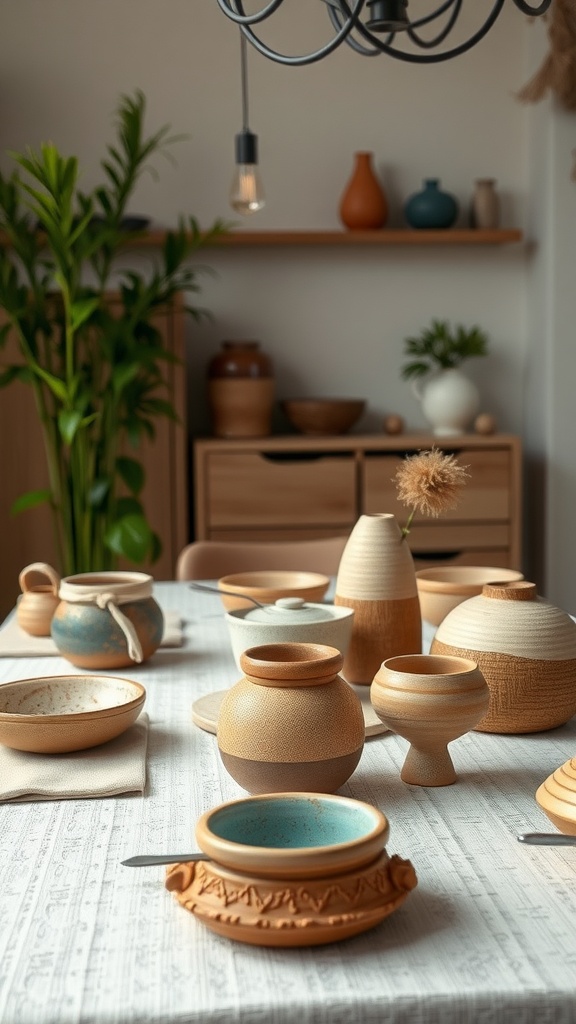 A dining table set with various handcrafted pottery pieces in earthy tones.