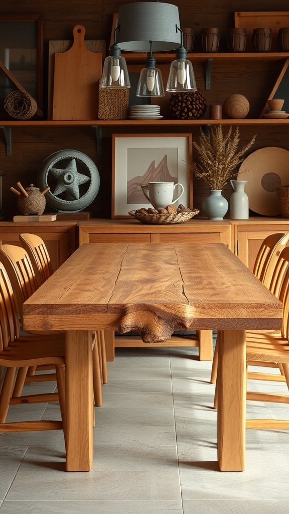 A handcrafted wooden dining table with natural edges and wooden chairs in a cozy dining room.