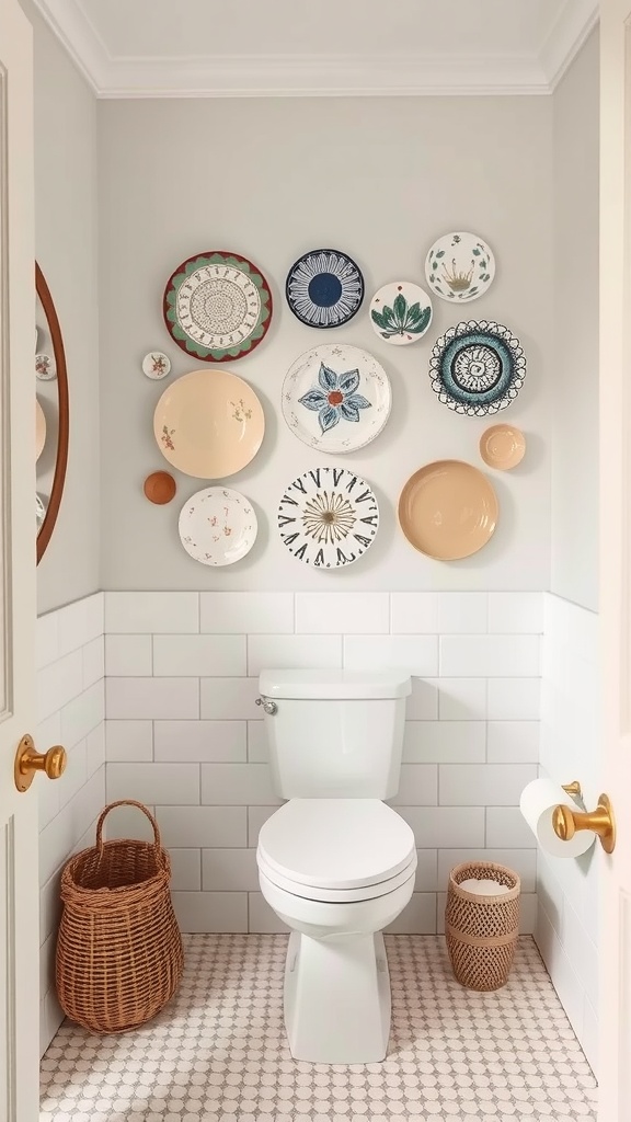 A wall decorated with handmade ceramic plates in various colors and designs, complementing a bathroom setting.