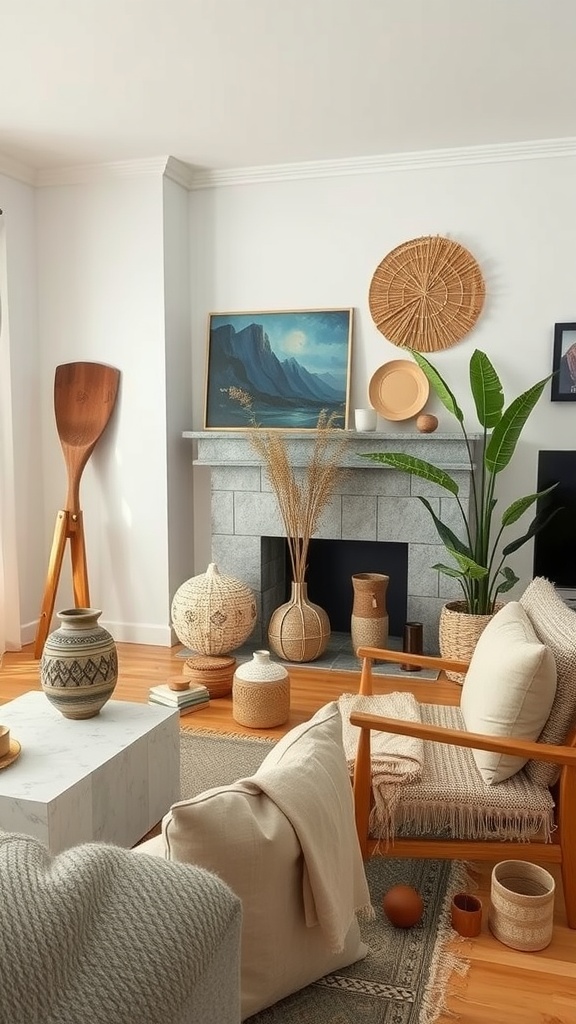 A rustic farmhouse living room featuring cozy furniture, handmade pottery, and decorative baskets.