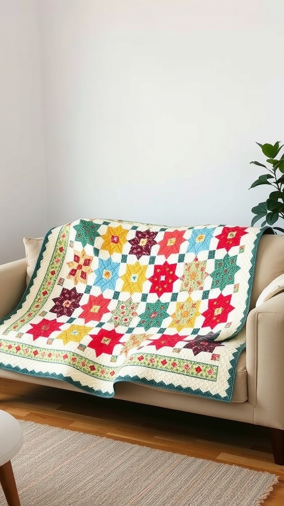 A colorful handmade quilt displayed on a light-colored couch in a living room