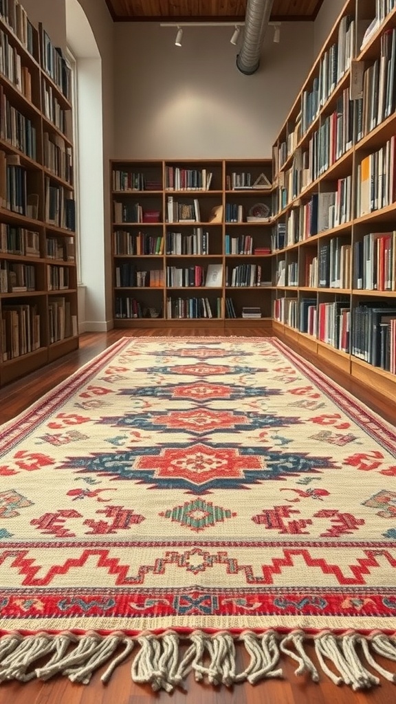 A beautifully patterned handwoven rug in a library between bookshelves.