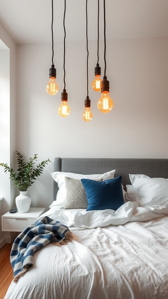 A boho bedroom featuring hanging Edison bulbs above a bed with white linens and blue pillows.