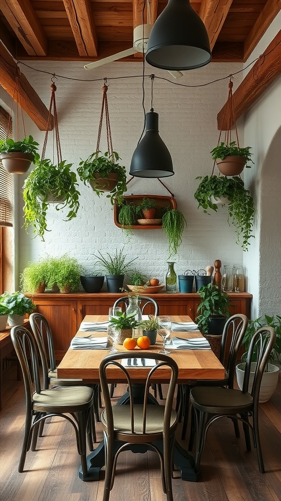 A cozy dining room featuring hanging herb gardens with wooden furniture and natural light.