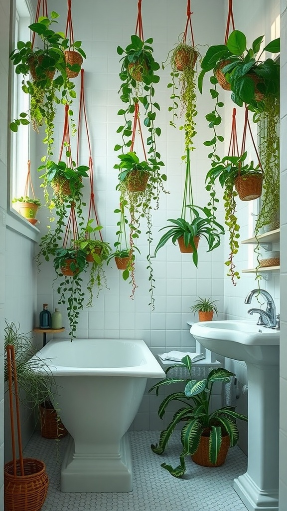 A bathroom featuring numerous hanging plants in macramé holders, with a white bathtub and sink, creating a fresh and vibrant atmosphere.