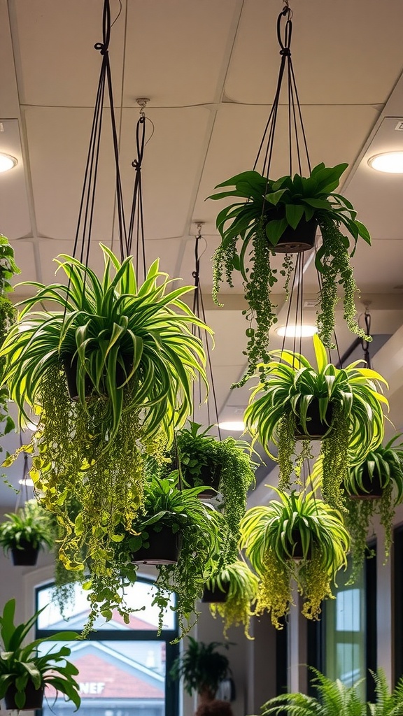 Hanging plants with integrated lighting in a bright indoor setting