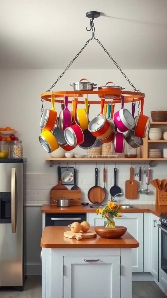 Colorful hanging pot rack with pots in a stylish kitchen