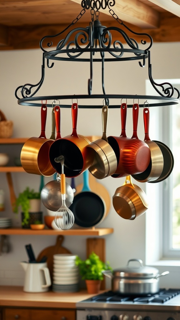 A hanging pot rack with colorful pots in a cozy kitchen setting.