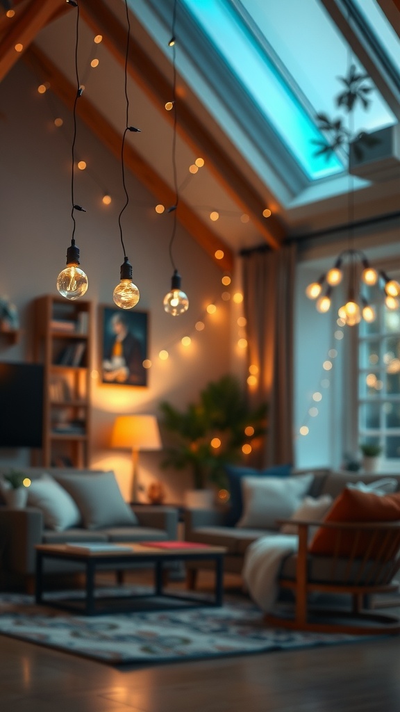 A cozy living room with hanging string lights, featuring comfortable seating, a coffee table, and a bright skylight.