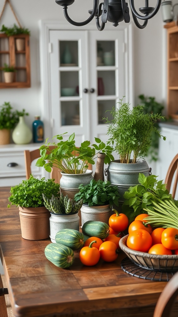 A dining table adorned with pots of fresh herbs and vibrant vegetables, showcasing a warm and inviting cottage core aesthetic.